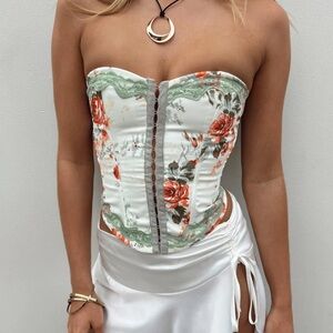 Floral Strapless Dress with Green Lace Trim